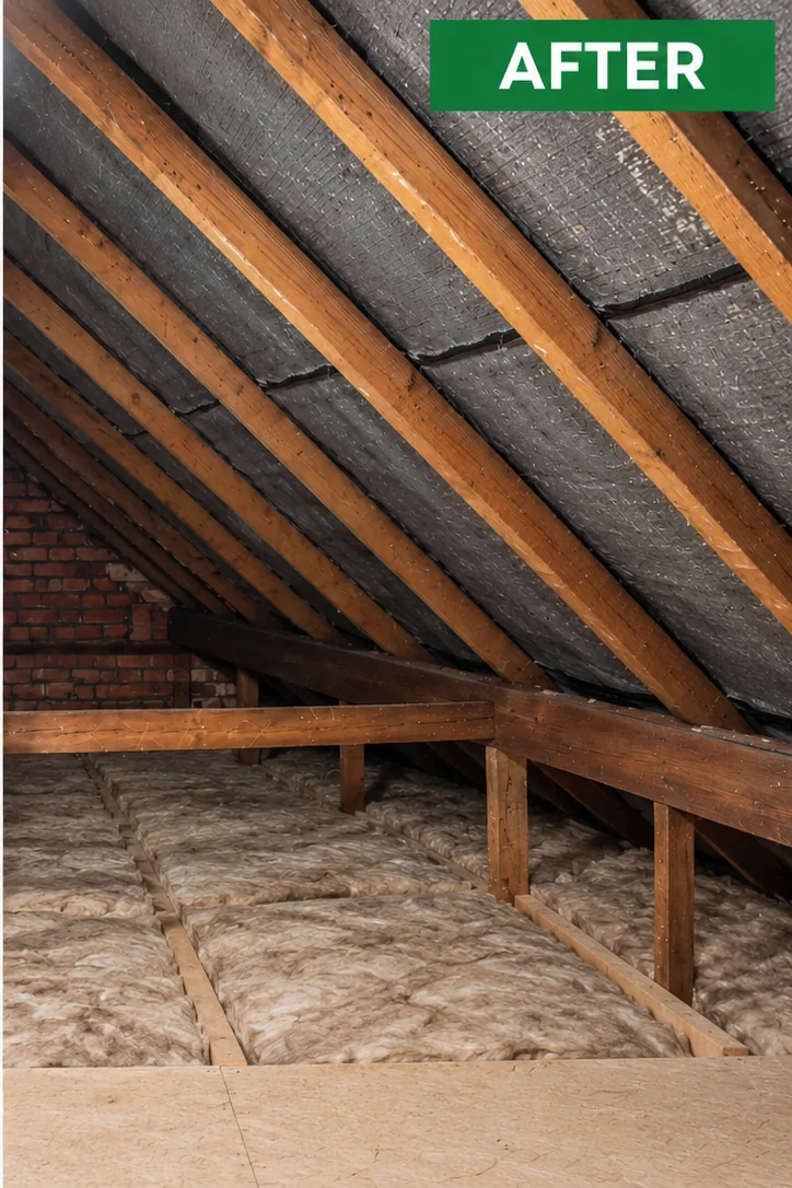 The same Bournemouth loft after removal, with clean rafters, exposed felt and mineral wool between the joists