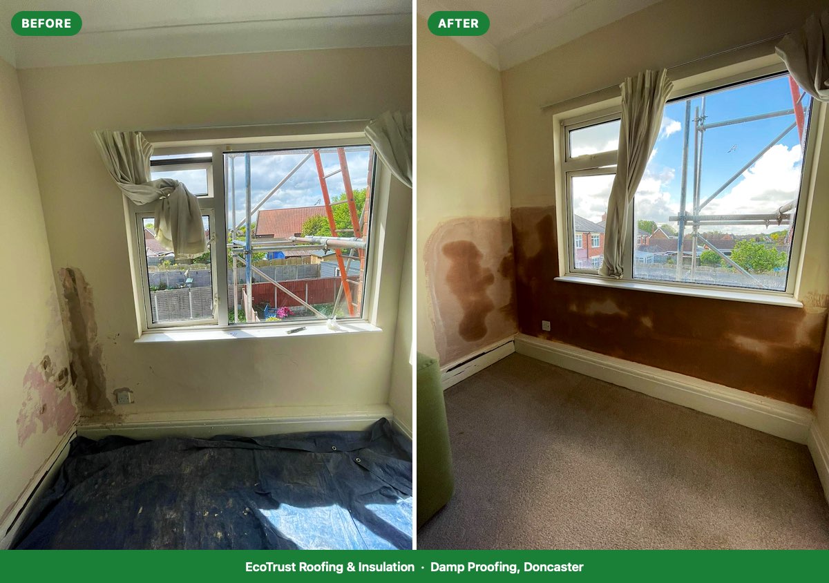 Doncaster bedroom wall with damp damage before, then freshly replastered after damp proofing