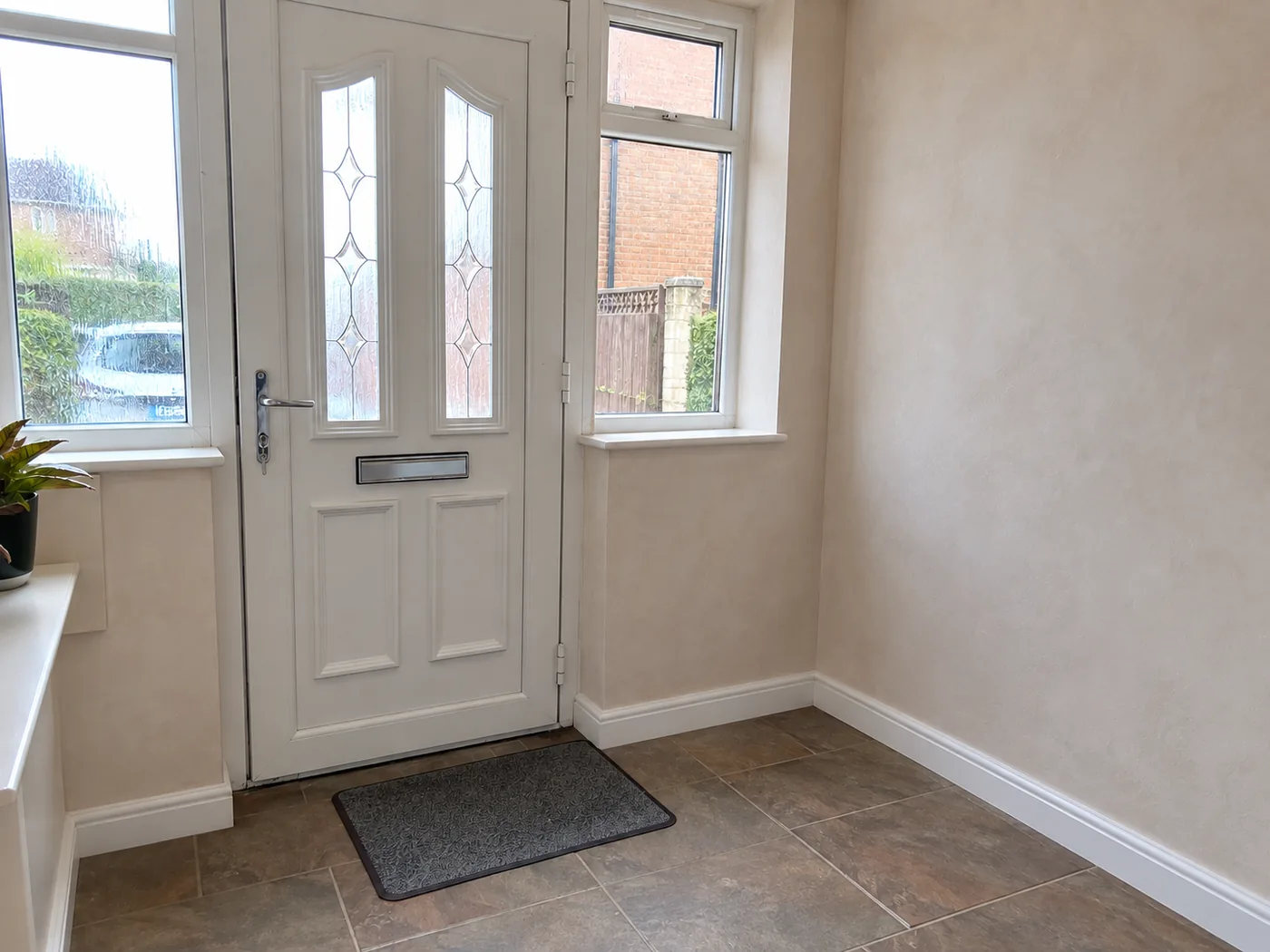 The same entrance hall after damp proofing, replastered with new skirting