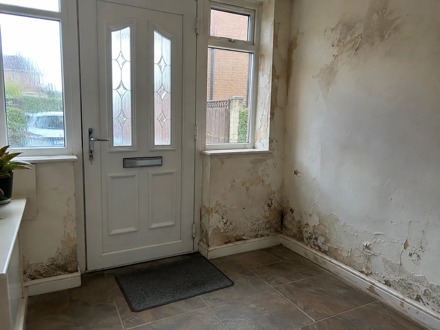 Manchester entrance hall with blown plaster, salt staining and black mould along the skirting