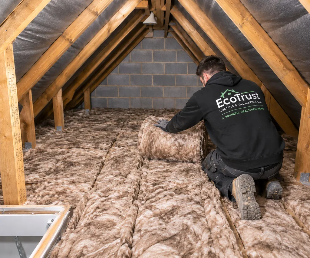 EcoTrust installer laying mineral wool insulation across the same Manchester loft