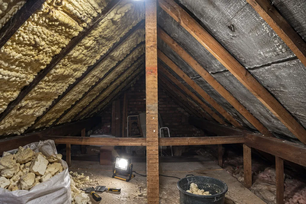 The same loft part way through removal, with one slope stripped back to the felt