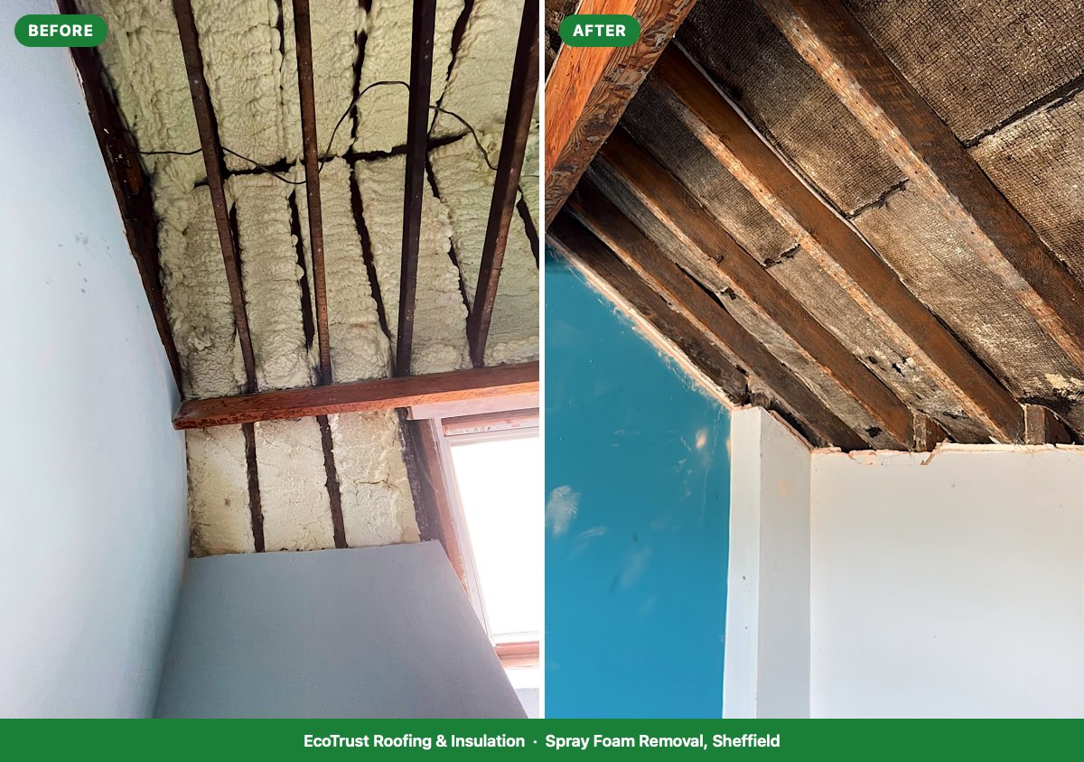Spray foam between the rafters of a Sheffield loft room, then the same rafters stripped back