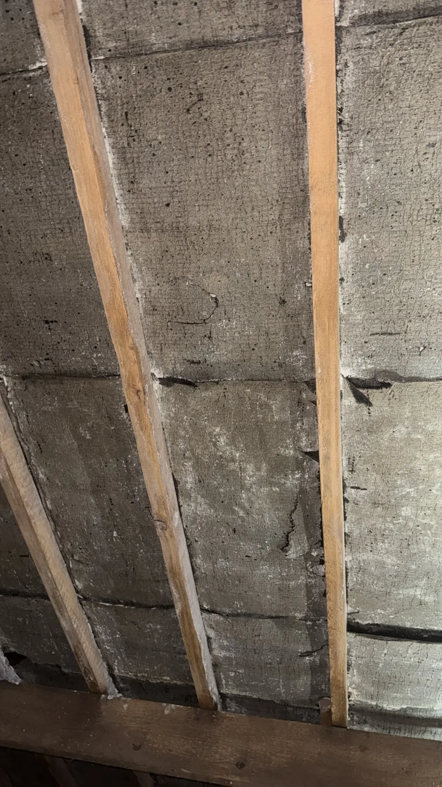 Bitumen roof felt between the rafters of a Shrewsbury loft after spray foam removal