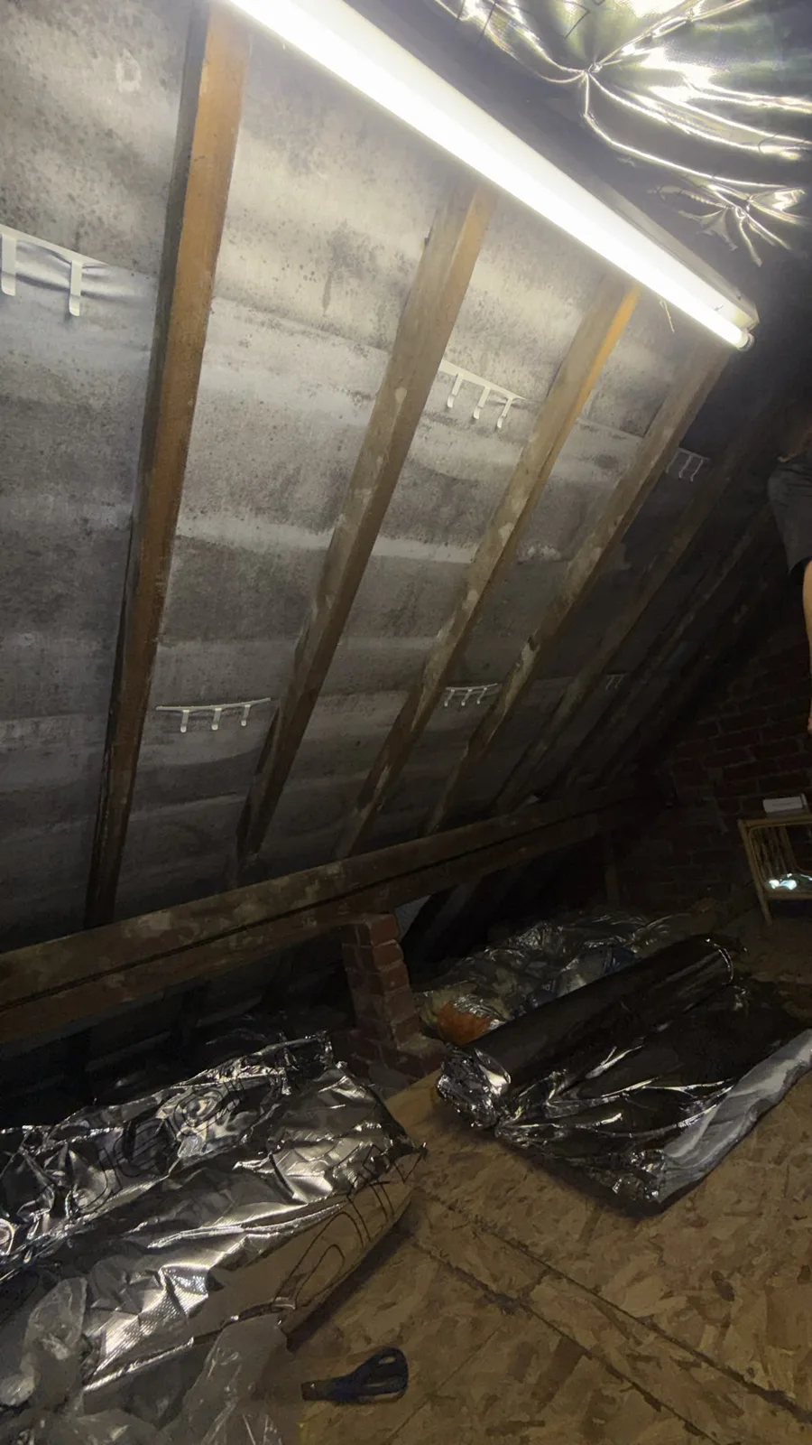 Bare rafters and old roofing felt in a Blackburn loft with rolls of SuperFOIL ready to fit